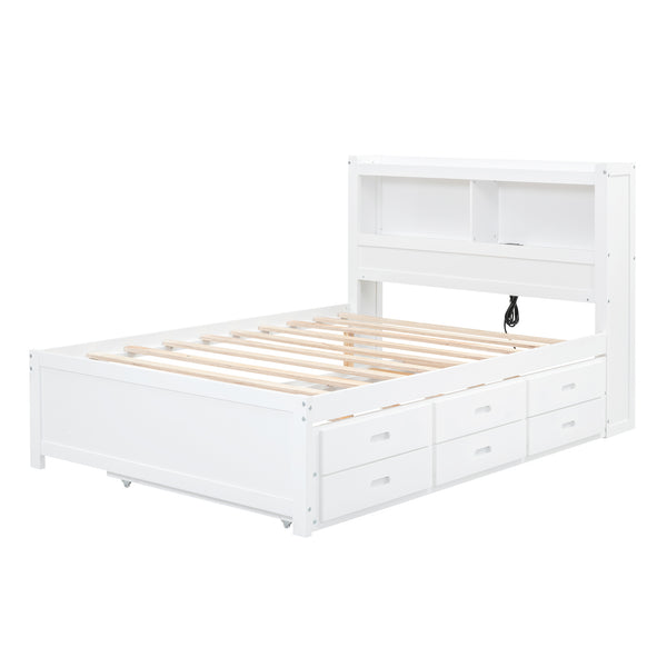 English Elm Full Full Size platform bed with trundle, 3 under-bed drawers, headboard shelves and USB ports—durable pine construction for storage and extra sleeping space White GX000352AAK