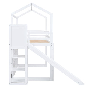 English Elm Twin House Loft Bed with Slide, Storage Shelves and Built-In Light — Playhouse Design, Sturdy 400lb Capacity White GX000355AAK