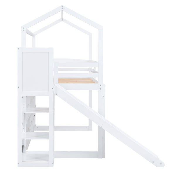 English Elm Twin House Loft Bed with Slide, Storage Shelves and Built-In Light — Playhouse Design, Sturdy 400lb Capacity White GX000355AAK