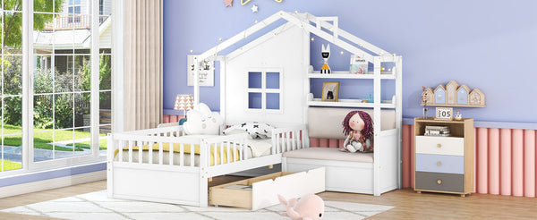 English Elm Twin House Bed Frame for Kids with Attached Sofa Two Drawers and Pine Slat Support HL000065AAK