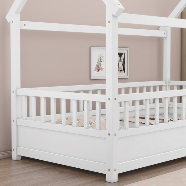 English Elm Twin House Frame Floor Bed with 20" High Fence, Solid Pine Roof, Spacious Entrance for Kids Safety White W1858123984