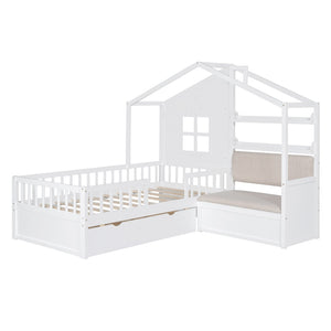 English Elm Twin House Bed Frame for Kids with Attached Sofa Two Drawers and Pine Slat Support HL000065AAK