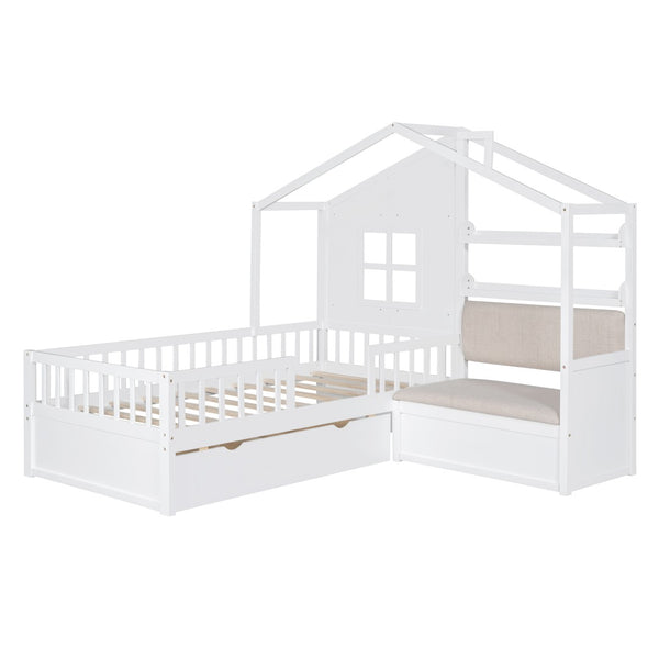 English Elm Twin House Bed Frame for Kids with Attached Sofa Two Drawers and Pine Slat Support HL000065AAK