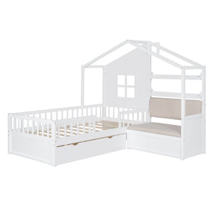 English Elm Twin House Bed with Sofa and Built-In Storage Drawers, Kids Platform Bed with Reading Nook Cozy Design White 43.5 L x 26.3 W x 9.25 H N733S337609K