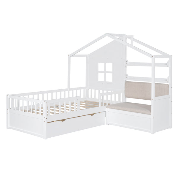 English Elm Twin House Bed with Sofa and Built-In Storage Drawers, Kids Platform Bed with Reading Nook Cozy Design White 43.5 L x 26.3 W x 9.25 H N733S337609K