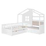 English Elm Twin Size House Bed With Sofa, Kids Platform Bed With Two Drawers and Storage Shelf, White