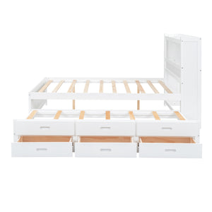 English Elm Full Full Size platform bed with trundle, 3 under-bed drawers, headboard shelves and USB ports—durable pine construction for storage and extra sleeping space White GX000352AAK