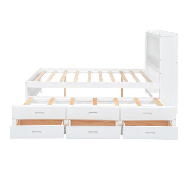 English Elm Full Full Size platform bed with trundle, 3 under-bed drawers, headboard shelves and USB ports—durable pine construction for storage and extra sleeping space White GX000352AAK