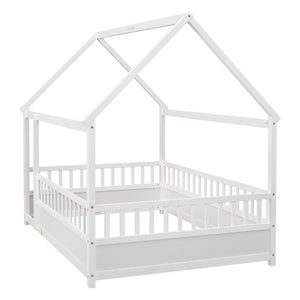 English Elm Full House Frame Floor Bed with Roof & High Fence Guardrails, Solid Pine/Plywood, Safe Spacious Design White W1858123986
