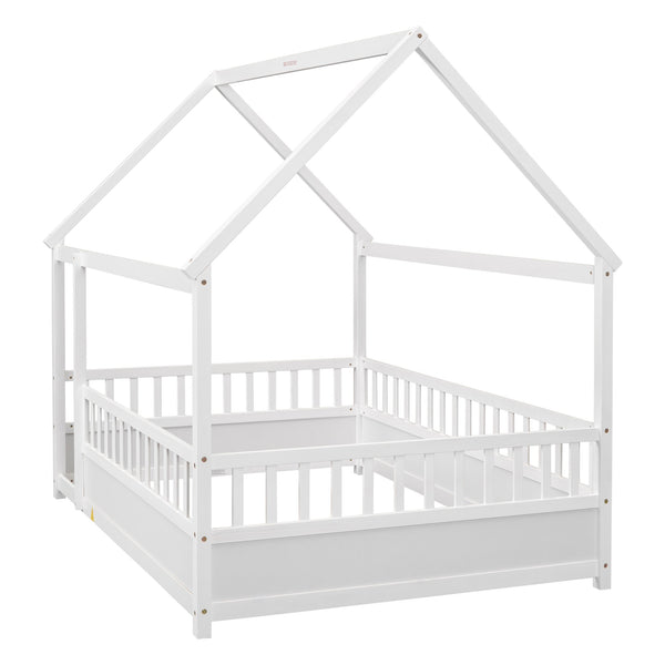 English Elm Full House Frame Floor Bed with Roof & High Fence Guardrails, Solid Pine/Plywood, Safe Spacious Design White W1858123986
