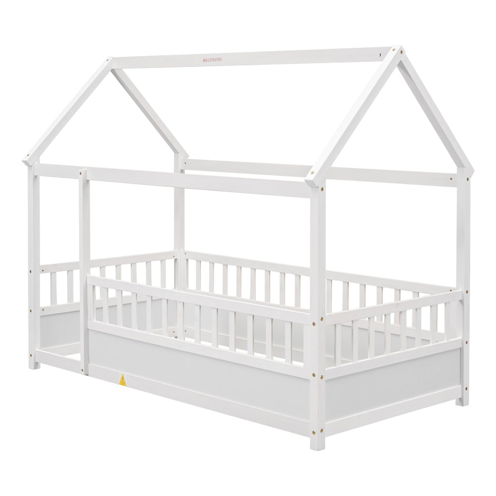 English Elm Twin House Frame Floor Bed with 20" High Fence, Solid Pine Roof, Spacious Entrance for Kids Safety White W1858123984
