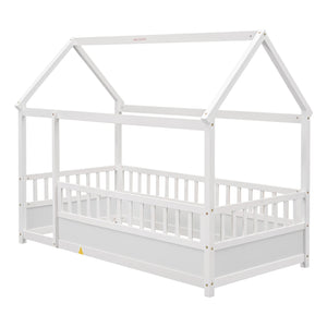 English Elm Twin House Frame Floor Bed with 20" High Fence, Solid Pine Roof, Spacious Entrance for Kids Safety White W1858123984