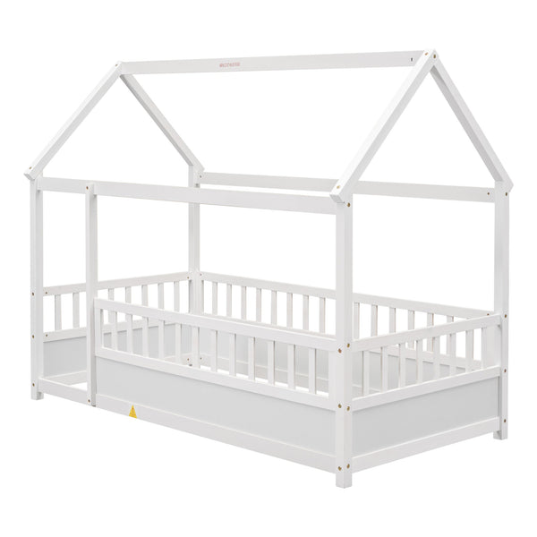 English Elm Twin House Frame Floor Bed with 20" High Fence, Solid Pine Roof, Spacious Entrance for Kids Safety White W1858123984