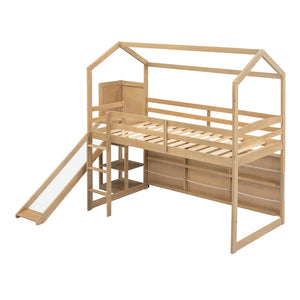 English Elm Twin House Loft Bed with Slide, Storage Shelves and Built-In Light — Playhouse Design, Sturdy 400lb Capacity Wood GX000355AAD