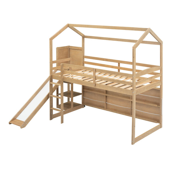 English Elm Twin House Loft Bed with Slide, Storage Shelves and Built-In Light — Playhouse Design, Sturdy 400lb Capacity Wood GX000355AAD