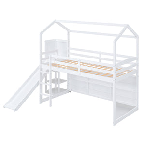 English Elm Twin House Loft Bed with Slide, Storage Shelves and Built-In Light — Playhouse Design, Sturdy 400lb Capacity White GX000355AAK
