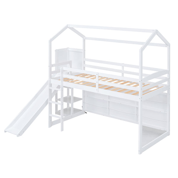 English Elm Twin House Loft Bed with Slide, Storage Shelves and Built-In Light — Playhouse Design, Sturdy 400lb Capacity White GX000355AAK