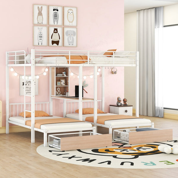 English Elm Full Triple Bunk Bed with Drawers and Built-in Desk Shelves, Space-Saving Metal & Wood Design for Families White SF000028AAK