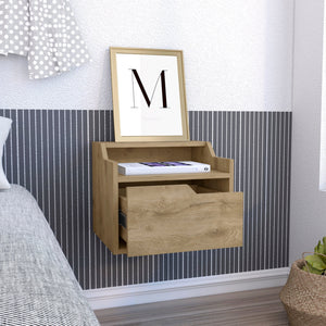 English Elm Busan Floating Nightstand with Single Drawer and Two-Tier Shelves — Wall-Mounted Modern Storage Solution Beige 18 L x 17 W x 5 H B200137838