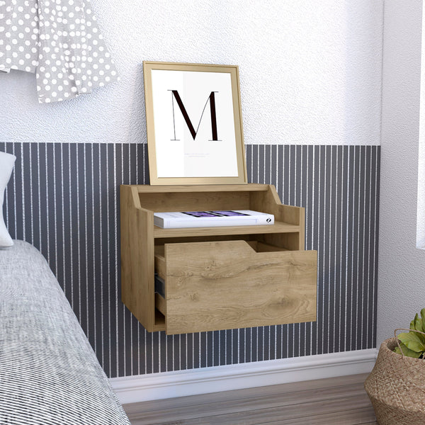 English Elm Busan Floating Nightstand with Single Drawer and Two-Tier Shelves — Wall-Mounted Modern Storage Solution Beige 18 L x 17 W x 5 H B200137838