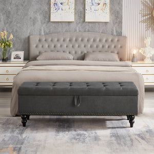 English Elm 59" Bed Bench Ottoman with Hidden Storage, Eucalyptus Wood Frame, Durable Linen Upholstery, 500lb Capacity Grey W1097124942