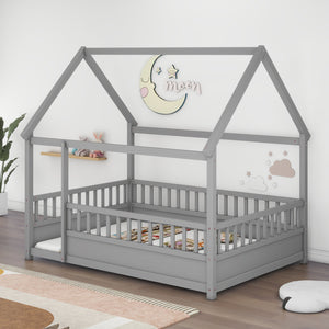 English Elm Full House Frame Floor Bed with Roof & High Fence Guardrails, Solid Pine/Plywood, Safe Spacious Design Grey W1858123988