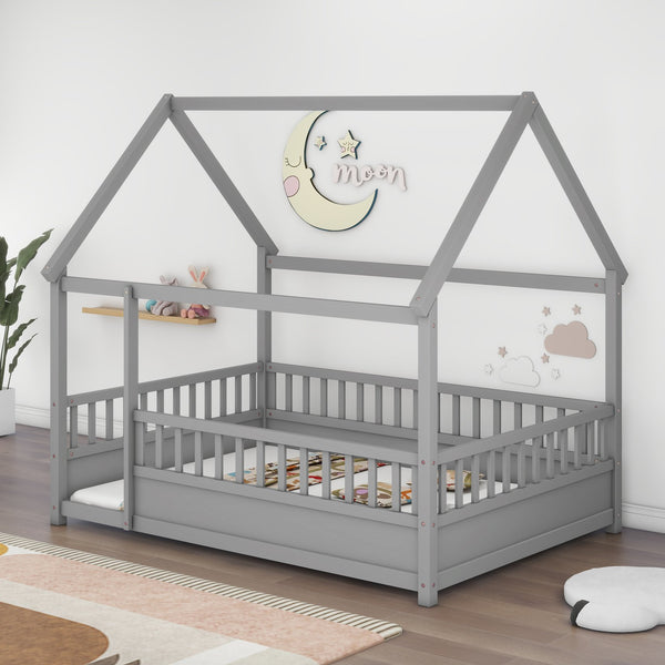 English Elm Full House Frame Floor Bed with Roof & High Fence Guardrails, Solid Pine/Plywood, Safe Spacious Design Grey W1858123988