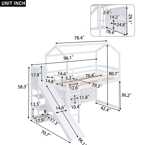 English Elm Twin House Loft Bed with Slide, Storage Shelves and Built-In Light — Playhouse Design, Sturdy 400lb Capacity White GX000355AAK
