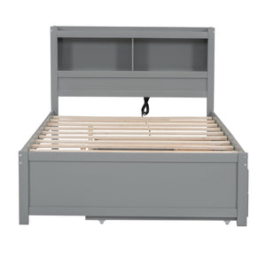 English Elm Full Full Size platform bed with trundle, 3 under-bed drawers, headboard shelves and USB ports—durable pine construction for storage and extra sleeping space Gray GX000352AAE
