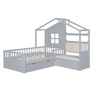 English Elm Twin House Bed with Sofa and Built-In Storage Drawers, Kids Platform Bed with Reading Nook Cozy Design Gray 43.5 L x 26.3 W x 9.25 H N733S337609E