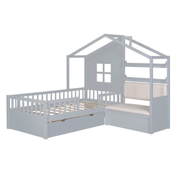 English Elm Twin House Bed with Sofa and Built-In Storage Drawers, Kids Platform Bed with Reading Nook Cozy Design Gray 43.5 L x 26.3 W x 9.25 H N733S337609E