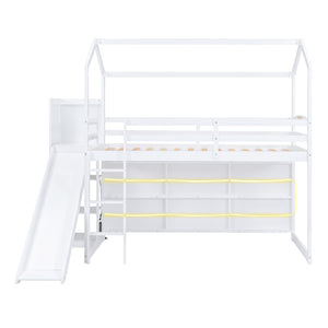 English Elm Twin House Loft Bed with Slide, Storage Shelves and Built-In Light — Playhouse Design, Sturdy 400lb Capacity White GX000355AAK