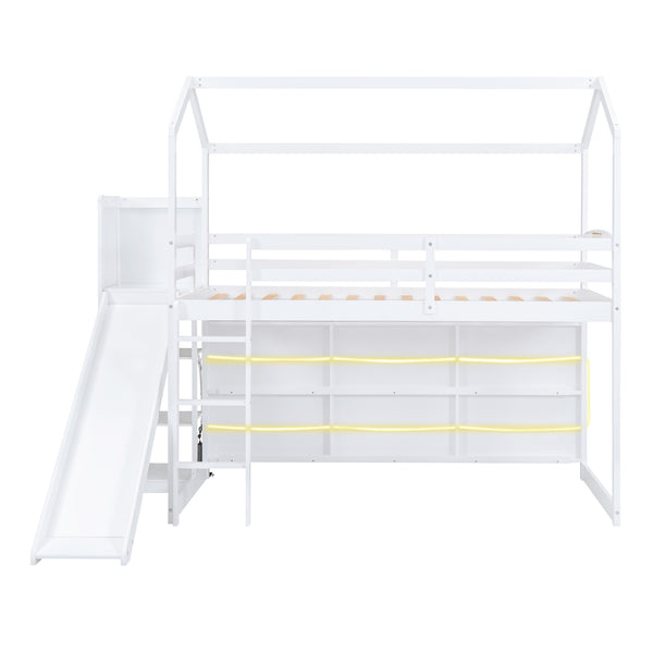 English Elm Twin House Loft Bed with Slide, Storage Shelves and Built-In Light — Playhouse Design, Sturdy 400lb Capacity White GX000355AAK