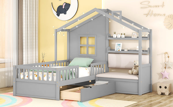 English Elm Twin House Bed with Sofa and Built-In Storage Drawers, Kids Platform Bed with Reading Nook Cozy Design Gray 43.5 L x 26.3 W x 9.25 H N733S337609E
