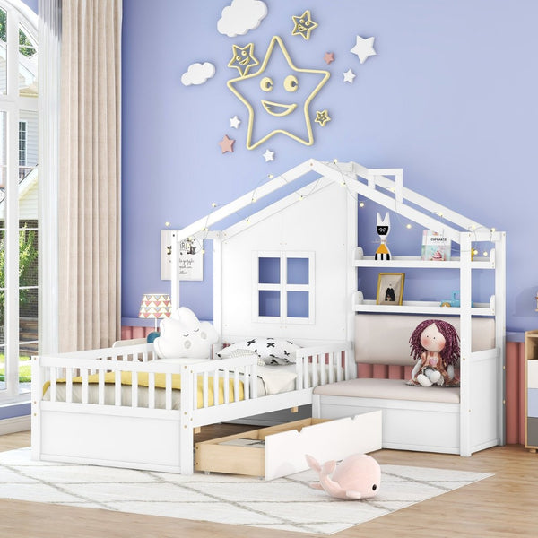 English Elm Twin House Bed Frame for Kids with Attached Sofa Two Drawers and Pine Slat Support HL000065AAK