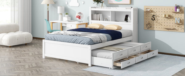 English Elm Full Full Size platform bed with trundle, 3 under-bed drawers, headboard shelves and USB ports—durable pine construction for storage and extra sleeping space White GX000352AAK