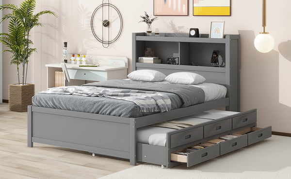 English Elm Full Full Size platform bed with trundle, 3 under-bed drawers, headboard shelves and USB ports—durable pine construction for storage and extra sleeping space Gray GX000352AAE