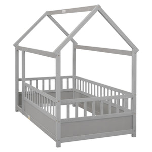 English Elm Twin House Frame Floor Bed with 20" High Fence, Solid Pine Roof, Spacious Entrance for Kids Safety Grey W1858123985