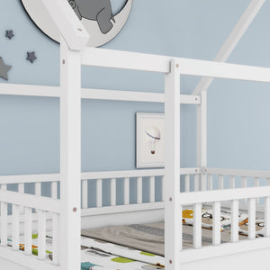 English Elm Full House Frame Floor Bed with Roof & High Fence Guardrails, Solid Pine/Plywood, Safe Spacious Design White W1858123986