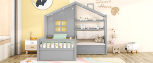 English Elm Twin House Bed with Sofa and Built-In Storage Drawers, Kids Platform Bed with Reading Nook Cozy Design Gray 43.5 L x 26.3 W x 9.25 H N733S337609E