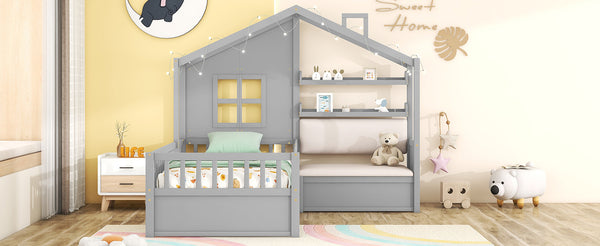 English Elm Twin House Bed with Sofa and Built-In Storage Drawers, Kids Platform Bed with Reading Nook Cozy Design Gray 43.5 L x 26.3 W x 9.25 H N733S337609E