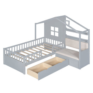 English Elm Twin House Bed with Sofa and Built-In Storage Drawers, Kids Platform Bed with Reading Nook Cozy Design Gray 43.5 L x 26.3 W x 9.25 H N733S337609E