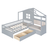 English Elm Twin Size House Bed With Sofa, Kids Platform Bed With Two Drawers and Storage Shelf, Gray