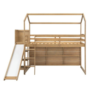 English Elm Twin House Loft Bed with Slide, Storage Shelves and Built-In Light — Playhouse Design, Sturdy 400lb Capacity Wood GX000355AAD