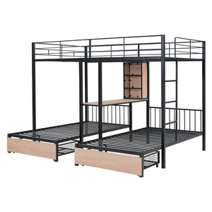 English Elm Full Triple Bunk Bed with Drawers and Built-in Desk Shelves, Space-Saving Metal & Wood Design for Families Black SF000028AAB
