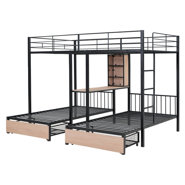 English Elm Full Triple Bunk Bed with Drawers and Built-in Desk Shelves, Space-Saving Metal & Wood Design for Families Black SF000028AAB