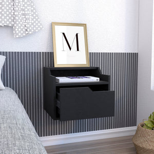 English Elm Busan Floating Nightstand with Single Drawer and Two-Tier Shelves — Wall-Mounted Modern Storage Solution Black 18 L x 17 W x 5 H B200137842