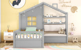 English Elm Twin Size House Bed With Sofa, Kids Platform Bed With Two Drawers and Storage Shelf, Gray