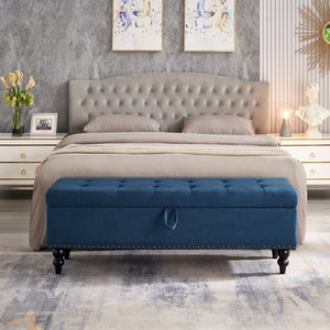 English Elm 59" Bed Bench Ottoman with Hidden Storage, Eucalyptus Wood Frame, Durable Linen Upholstery, 500lb Capacity Blue W1097124943