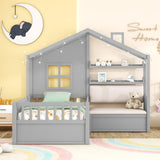 House Bed with Sofa, Twin Size Kids Platform - Gray, 2 Drawers & Storage Shelf